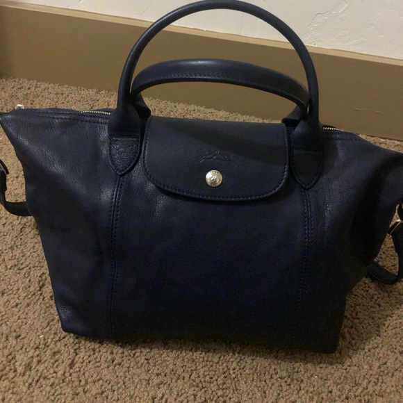 Longchamp Handbags - Longchamp Small Le Pliage Cuir Leather Navy Tote